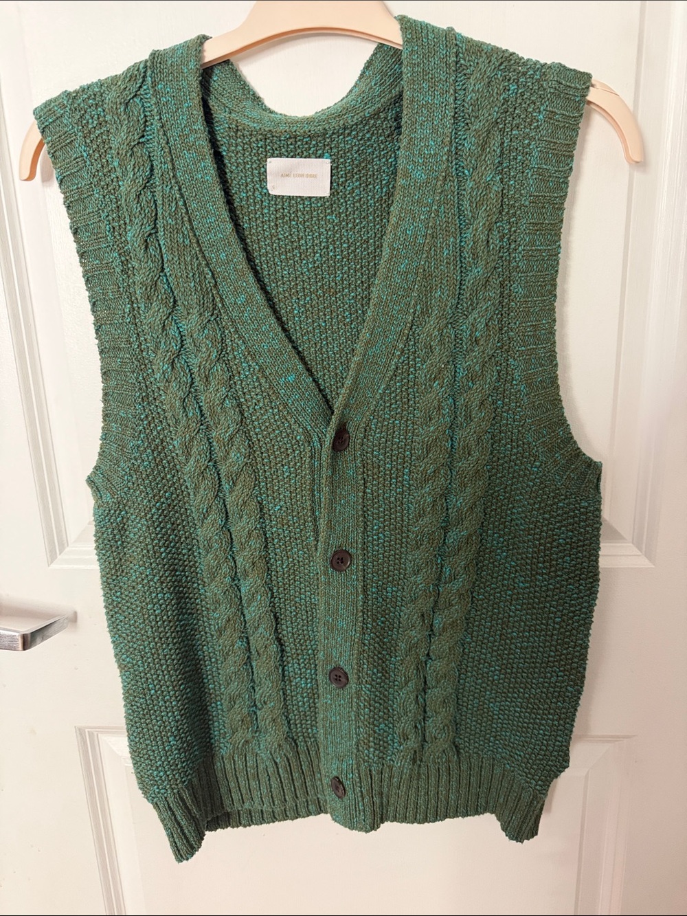 Aime Leon Dore Green Cable Knit Button Front Vest
